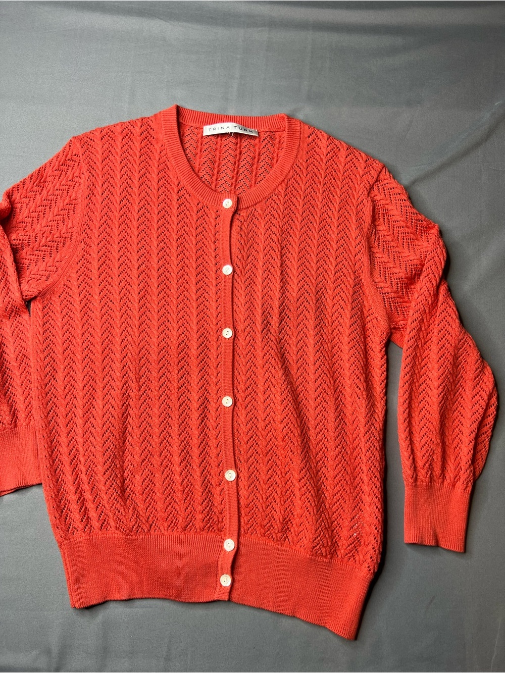 Trina Turk Pointelle Chevron Knit Cardigan – Small | Cotton Modal | Coral/Red